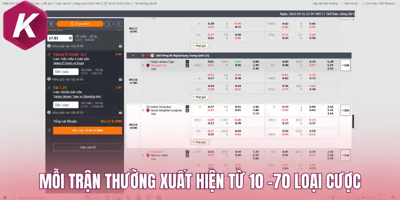 Mỗi trận thường xuất hiện từ 10 -70 loại cược